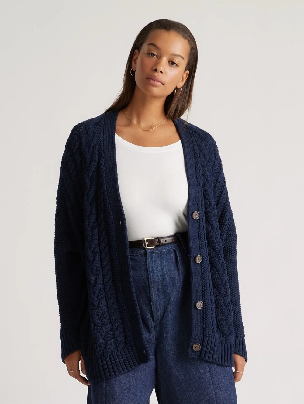 Quince 100% Organic Cotton Navy Cable-Knit  Oversized Button Cardigan Sweater